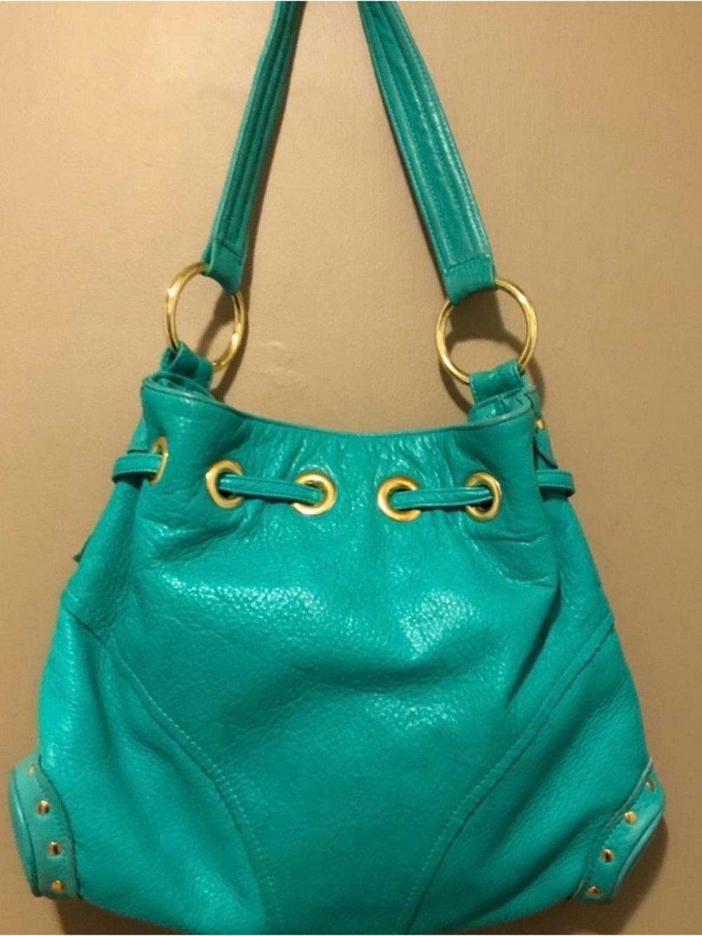BULGA Teal leather boho Bag with Gold Eyelets - Picture 2 of 8